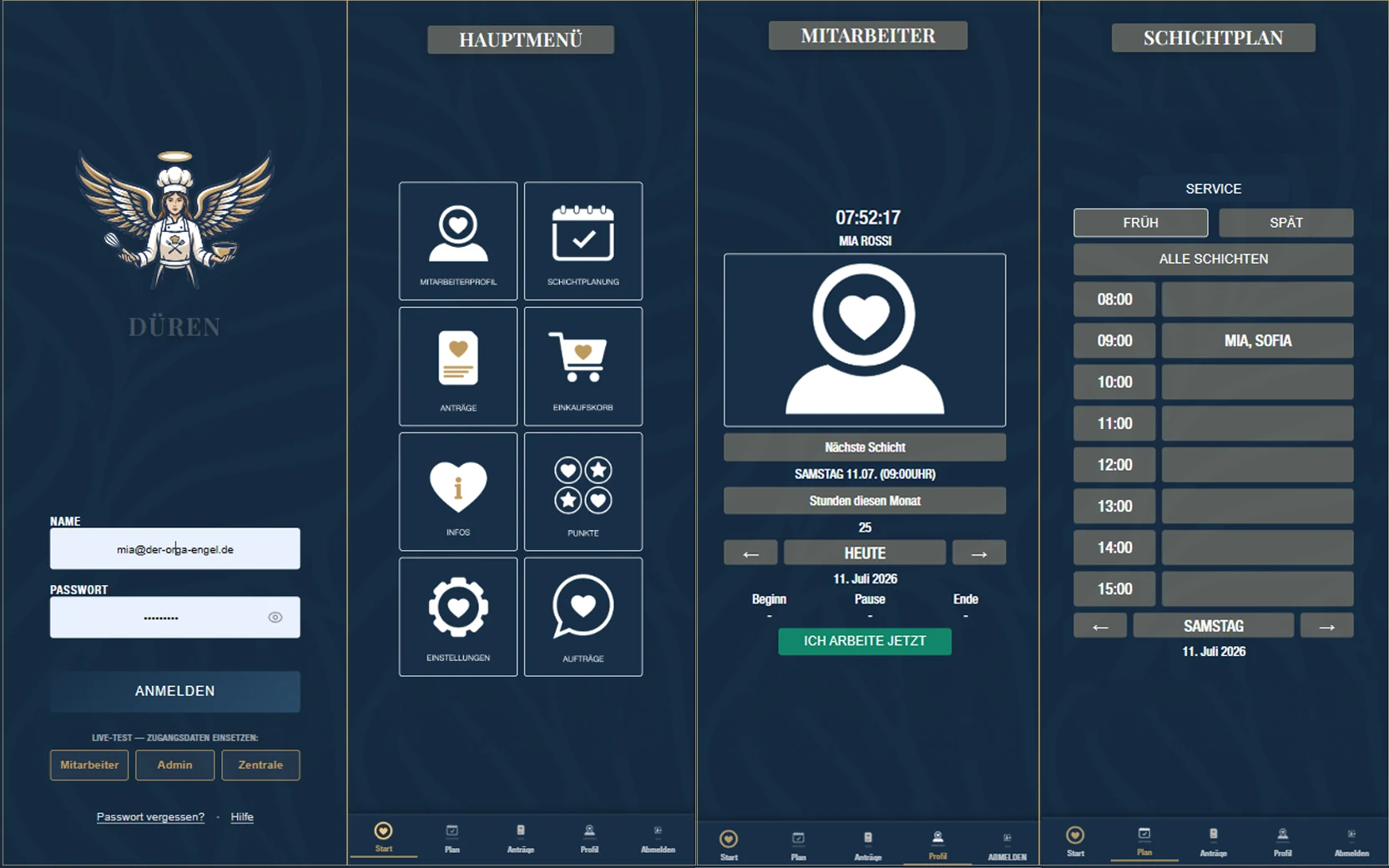 Vier Screens der Gastro-Allrounder-App: Login, Hauptmenü, Mitarbeiter-Ansicht und Schichtplan – gebaut mit Next.js und Firebase.